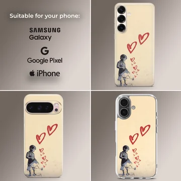Bansky-inspired minimalist art with red hearts phone case — Collage