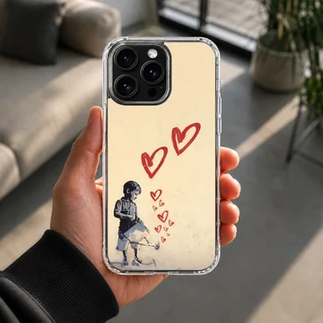 Bansky-inspired minimalist art with red hearts phone case — Lifestyle