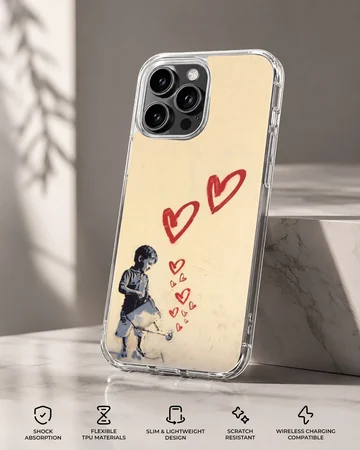 Bansky-inspired minimalist art with red hearts phone case — Specs