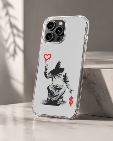 Bansky street art on a phone case, minimalist graffiti style. — Hero