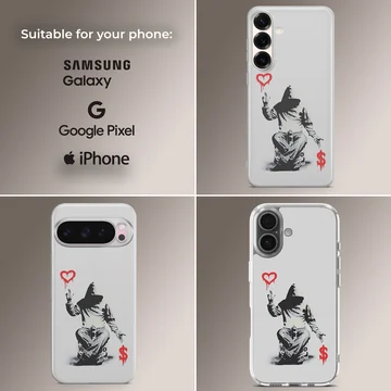 Bansky street art on a phone case, minimalist graffiti style. — Collage