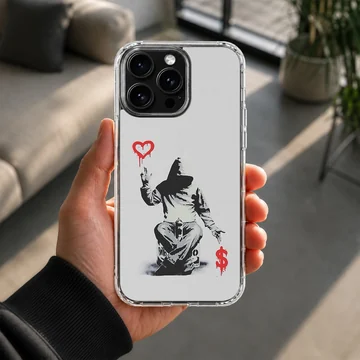 Bansky street art on a phone case, minimalist graffiti style. — Lifestyle