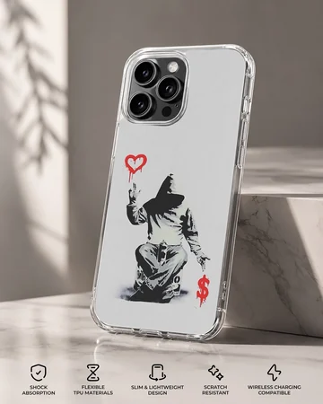 Bansky street art on a phone case, minimalist graffiti style. — Specs