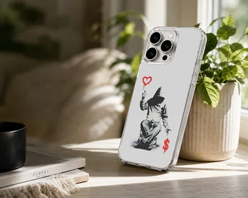 Bansky street art on a phone case, minimalist graffiti style. — Lifestyle