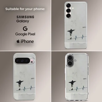Minimalist Bansky artwork on a phone case. — Collage