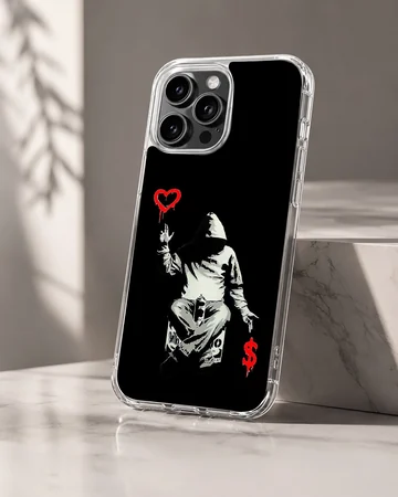 Bansky inspired hooded figure with heart and dollar art on phone case — Hero