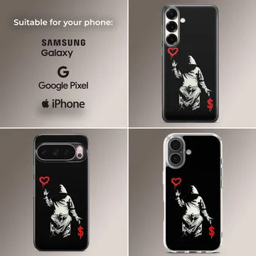 Bansky inspired hooded figure with heart and dollar art on phone case — Collage
