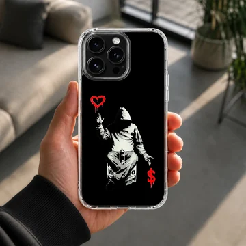 Bansky inspired hooded figure with heart and dollar art on phone case — Lifestyle