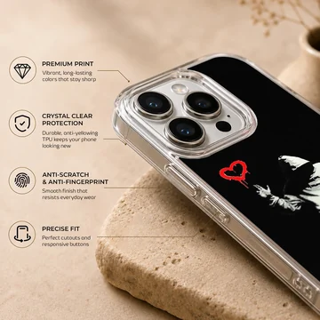 Bansky inspired hooded figure with heart and dollar art on phone case — Info