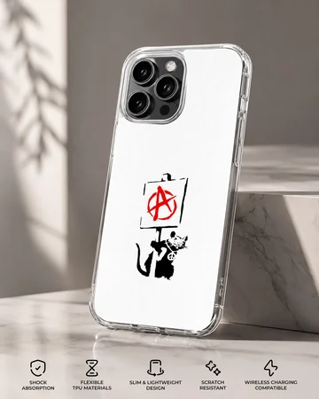Bansky-style graffiti featuring an Anarchy Cat on a phone case — Specs