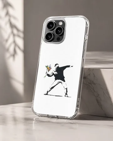 Bansky-style graffiti artwork with a flower thrower on phone case — Hero
