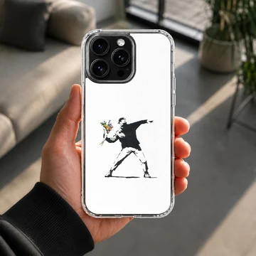 Bansky-style graffiti artwork with a flower thrower on phone case — Lifestyle
