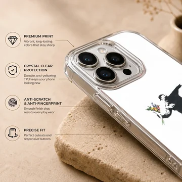 Bansky-style graffiti artwork with a flower thrower on phone case — Info