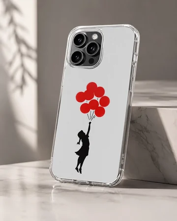 Bansky inspired artwork featuring a girl with balloons on a phone case — Hero