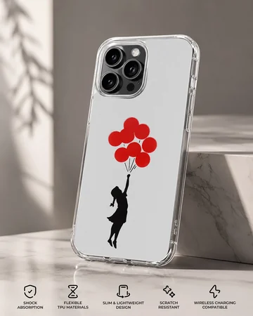 Bansky inspired artwork featuring a girl with balloons on a phone case — Specs