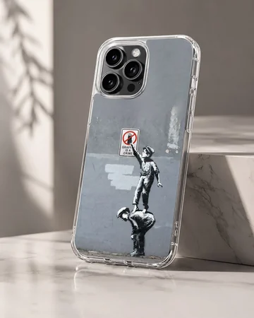 Bansky graffiti artwork on phone case, modern minimalist design — Hero