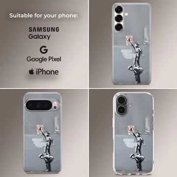 Bansky graffiti artwork on phone case, modern minimalist design — Collage