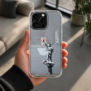 Bansky graffiti artwork on phone case, modern minimalist design — Lifestyle