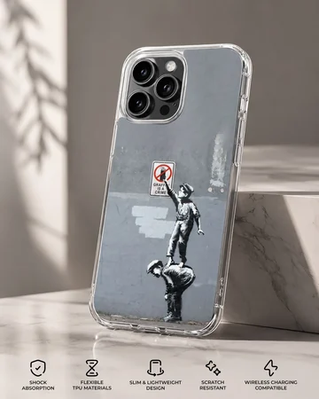 Bansky graffiti artwork on phone case, modern minimalist design — Specs