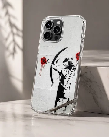 Bansky graffiti with archer and red roses on phone case — Hero