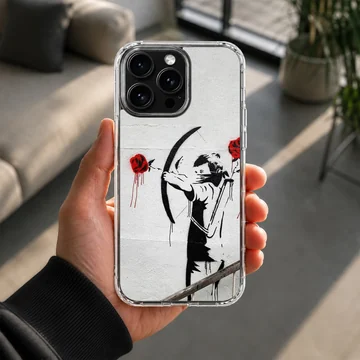 Bansky graffiti with archer and red roses on phone case — Lifestyle