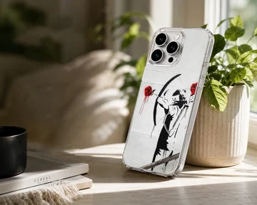 Bansky graffiti with archer and red roses on phone case — Lifestyle