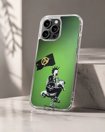 Bansky-style graffiti artwork on a green background phone case — Hero