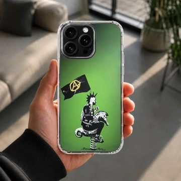 Bansky-style graffiti artwork on a green background phone case — Lifestyle