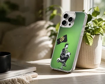 Bansky-style graffiti artwork on a green background phone case — Lifestyle