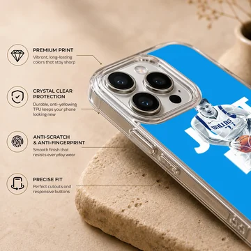 Basketball player with dynamic pose and bold typography phone case — Info