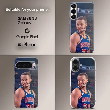 Dynamic basketball player in action, wearing a blue and yellow jersey on a phone case — Collage