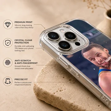 Dynamic basketball player in action, wearing a blue and yellow jersey on a phone case — Info