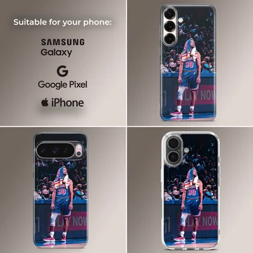 Dynamic basketball star design on phone case showing player in action. — Collage