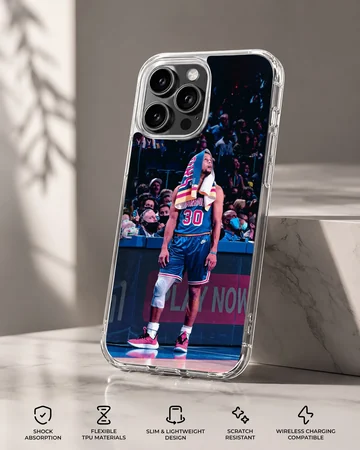 Dynamic basketball star design on phone case showing player in action. — Specs