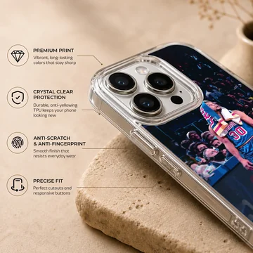 Dynamic basketball star design on phone case showing player in action. — Info