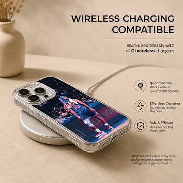 Dynamic basketball star design on phone case showing player in action. — Charging