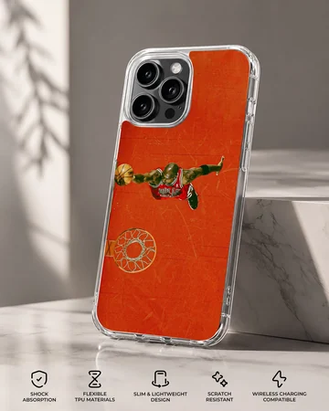 Dynamic basketball hero in action on orange background phone case — Specs