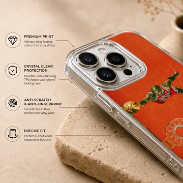 Dynamic basketball hero in action on orange background phone case — Info