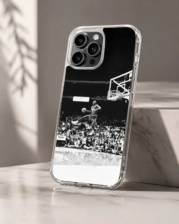 Dynamic basketball dunk captured in black and white on phone case — Hero