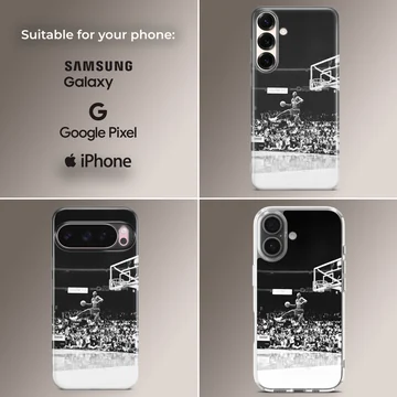 Dynamic basketball dunk captured in black and white on phone case — Collage