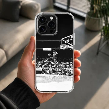 Dynamic basketball dunk captured in black and white on phone case — Lifestyle