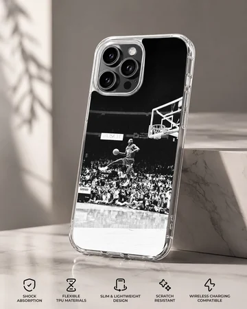 Dynamic basketball dunk captured in black and white on phone case — Specs