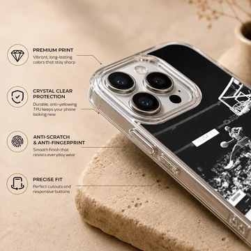 Dynamic basketball dunk captured in black and white on phone case — Info