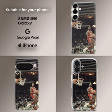 Dynamic basketball player dunking in a stadium phone case — Collage