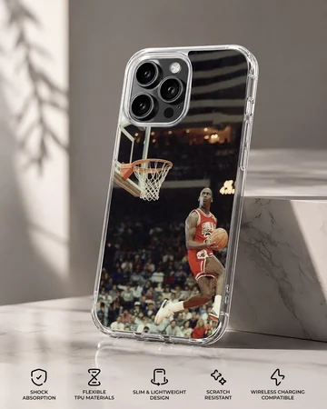 Dynamic basketball player dunking in a stadium phone case — Specs
