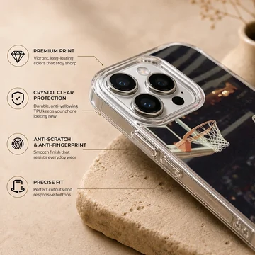 Dynamic basketball player dunking in a stadium phone case — Info