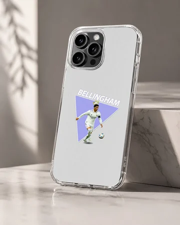 Dynamic depiction of football player Bellingham on phone case — Hero