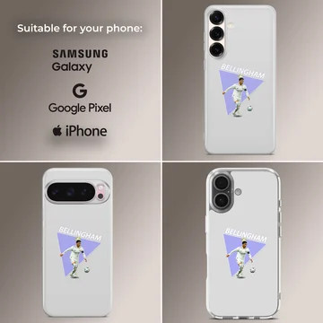 Dynamic depiction of football player Bellingham on phone case — Collage