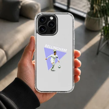 Dynamic depiction of football player Bellingham on phone case — Lifestyle