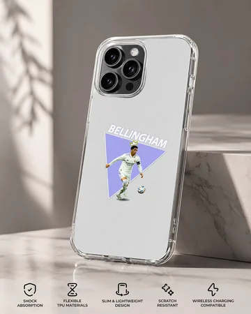 Dynamic depiction of football player Bellingham on phone case — Specs